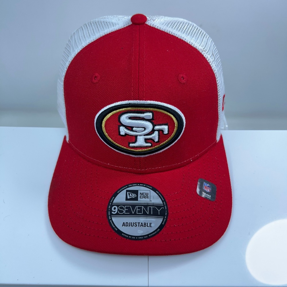 New Era Mens OSFM Red White San Francisco 49ers 9SEVENTY Trucker Hat NWT *Flaw